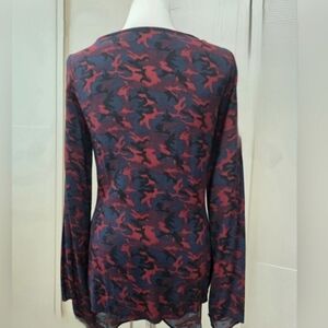 Zara Red Blue Black camouflage print open-back long-sleeve blouse. S
